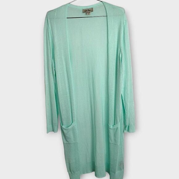 Charlie Paige Womens Cardigan Sz Large Aqua Long‎ Linen Coastalcore Athleisure - Picture 8 of 10